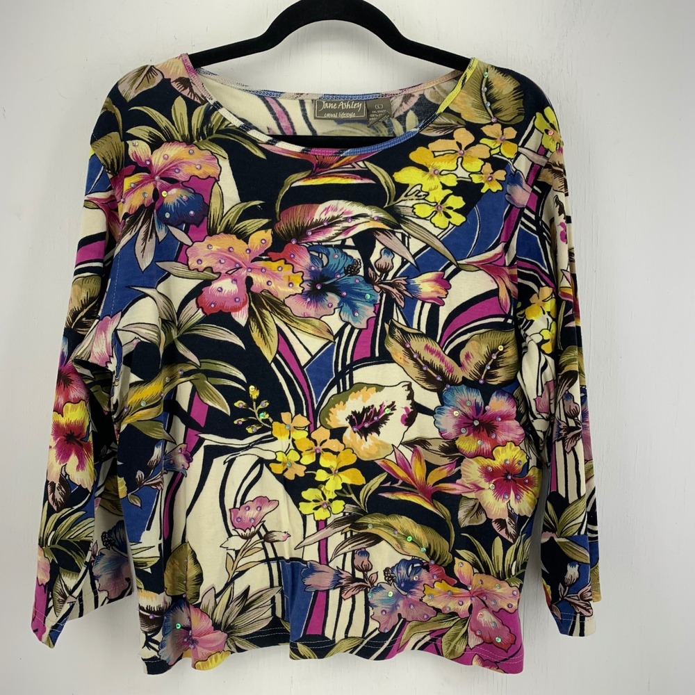 Jane Ashley Resortwear Floral Sequin Scoop Neck Cotton Top Artsy Sz L Multicolor